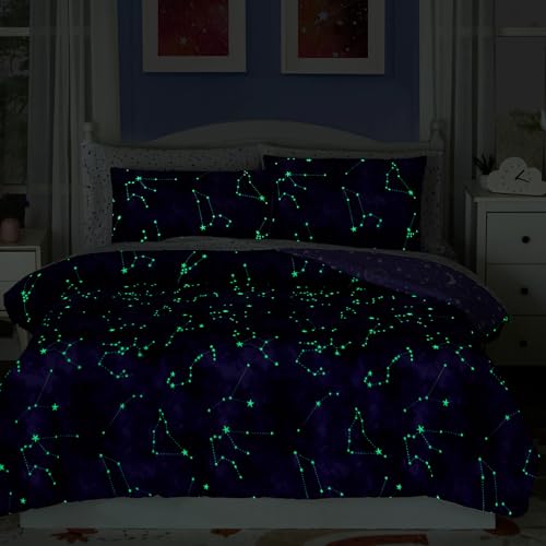 Full Size Comforter Set -7 Pieces Girls Boys Galaxy Glow in The Dark Full Bedding Sets for Kids, Ultra Soft Bed in A Bag with Sheets