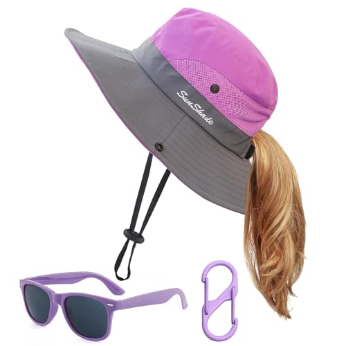 Kids Summer Sun Hat with Ponytail Hole Girls UV Protection Wide Brim Beach Cap with Sunglasses and Hat Clip Age 5-12