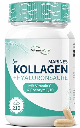 Kollagen Kapseln – 210 Kapseln (3 Monate) – Marines Kollagen Hydrolysat + Hyaluronsäure, Vitamin C, Coenzym Q10 – VitaminPure