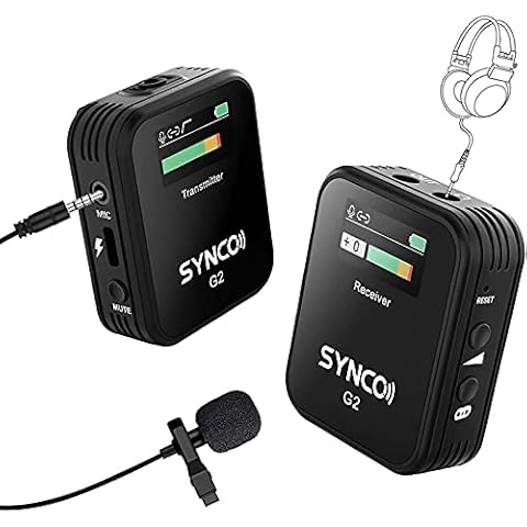 SYNCO G2(A1) 2.4G Wireless Microphone System 1-Trigger-1 with 1 Receiver + 1 Transmitter + 1 Lavalier Microphone 150M Transmission Range TFT Screen 3.5mm Plug for Smartphone Camera Camcorder Vlog Cover