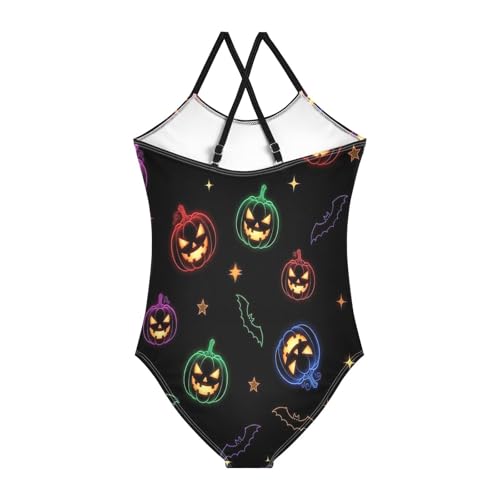 Glowing Neon Pumpkins One Piece Girls Swimsuit, Beach Bathing Suit 3-10 Y with Adjustable Shoulder Strap, 3-10 Y2