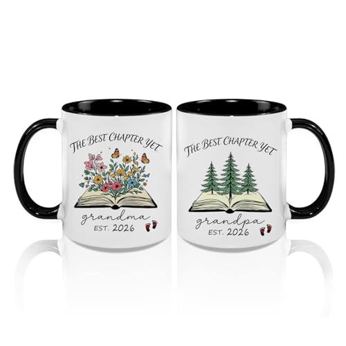 LXQM Grandpa Grandma Est 2026 Gifts Mug Set of 2, The Best Chapter Yet Grandma Grandpa Est 2026 Mugs, Pregnancy Announcement Christmas Gift for First Time Papa Nana from Daughter Son 11oz black