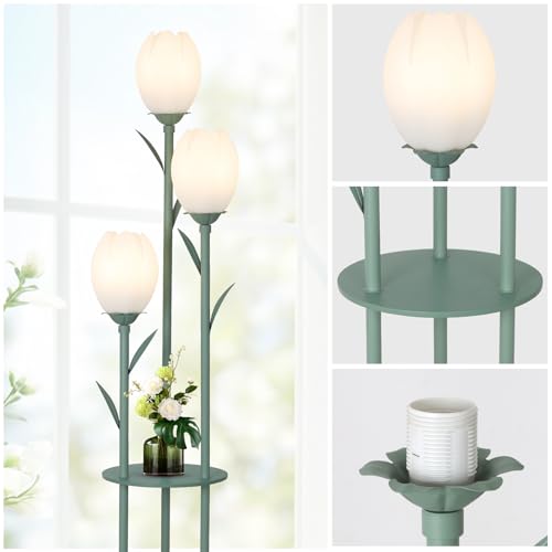 Image of 3-Light Flower Floor Lamps for Living Room, Green Floor Lamp with Shelves, Unique Tulip Standing Lamp with 3 LED Blubs, Cute Floral Tall Lamp, Modern Stand Up Light Decor for Bedroom, Kids Room