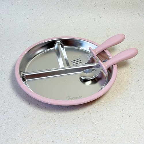 Image of Feeding Set of 4 for Kids | Suction Plate Bowl Spoon Fork Sippy Cup | Stainless Steel | Easy Grip | Self Feeding Set | Dishwasher Safe | 3 Colours (Rosebud)