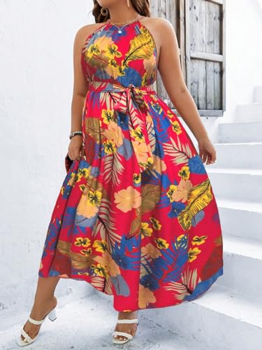 Image of Floerns Women's Plus Size Boho Sleeveless Halter Neck Tie Back A Line Long Dress