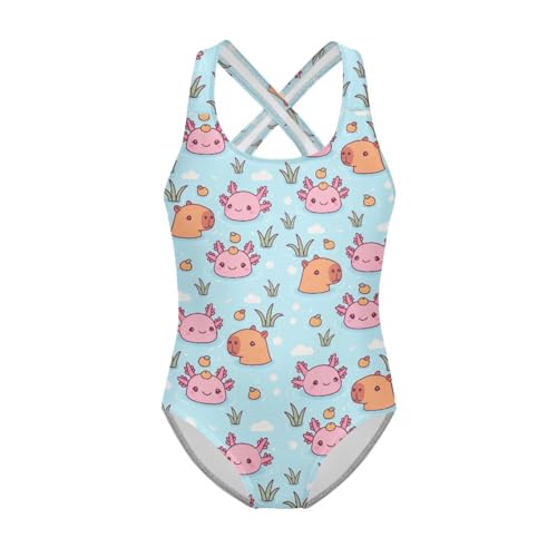 Image of Girls One Piece Swimsuit Axolotl Cross Back Straps Bathing Suit Lightweight Quick Dry Gymnastics Leotard