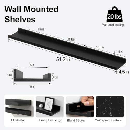 Image of Black Floating Shelves for Wall Decor, 52 in Shelf with Lip Set of 2