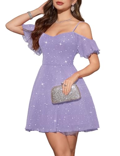 Meetjen Women's Tulle Prom Dress for Teens Cocktail Off Shoulder Sparkle Junior Short Homecoming...