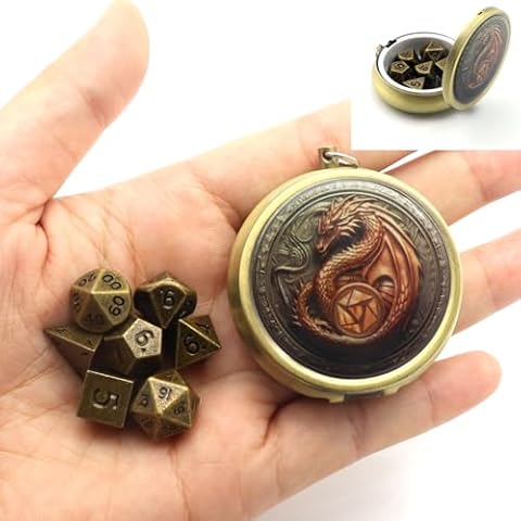 Haxtec Mini Dice Set with Keychain Dice Case 10mm Mini Metal DND Dice Antique Bronze Metal Dice Set D&D Portable 7PCS Dice Set DND Gift Stocking Stuffers Cover