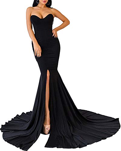 Womens Strapless Asymmetric Slit Front Evening Party Wedding Maxi Dress, Black, Large Womens Strapless Asymmetric Slit Front Evening Party Wedding Maxi Dress, Black, Large