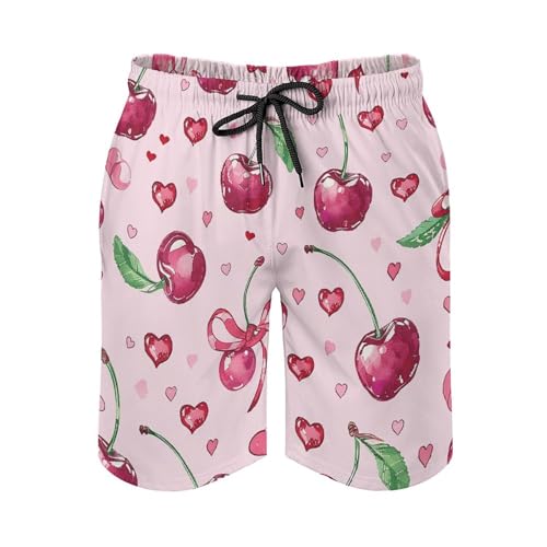 Mens Swim Trunks Cherry and Heart Shape Swim Shorts Quick Dry Beach Shorts with Mesh Liner and Pocket3