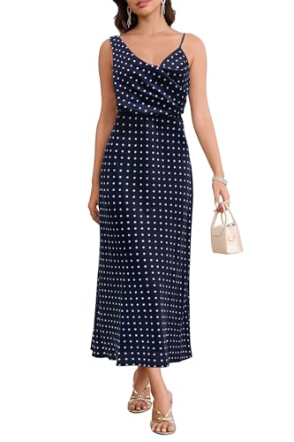 Image of Women's Summer Satin Dress Elegant Cowl Neck Adjustable Spaghetti Strap Wedding Guest Cocktail Party Maxi Dresses