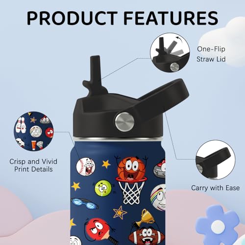 Image of Sports Water Bottle for Son & Daughter, Stainless Steel Insulated Tumbler with Straw Lid and Handle, 12oz Reusable Leak-Proof Bottle for Sports