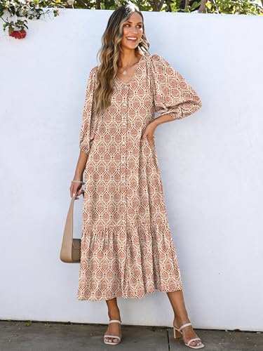 ANRABESS Boho Maxi Dresses for Women Summer Puff Sleeve V Neck Flowy Long Casual Dress with Pockets 2025 Vacation Outfits2