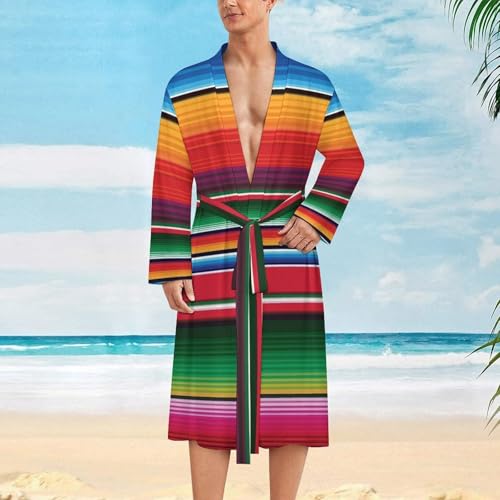 Colorful Mexican Serape Mens Robe Long Sleeve V Neck Bathrobes Sleepwear Robes with Belt2