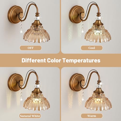 Image of 1 Piece Vintage Wall Sconce, 1-Light Matte Antique Brass Finish Wall Sconce with Hanging Crystal Accents and Flower-Shaped Amber Shades for Bathroom Bedroom Living Room,Vintage Vanity Light