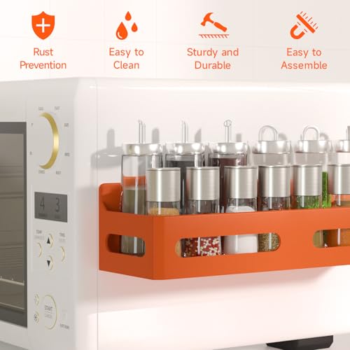 Image of Sevenblue 4-Pack Magnetic Spice Rack for Refrigerator with Hooks, Orange | Strong multipurpose magnetic shelf for kitchen & bathroom organization. Includes 4 removable hooks for hanging items.