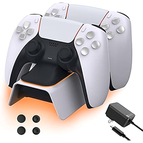 NexiGo PS5 Controller Charger with Thumb Grip Kit, Fast Charging AC Adapter, Dualsense Charging Station Dock for Dual PlayStation 5 Controllers with LED Indicator, White Cover