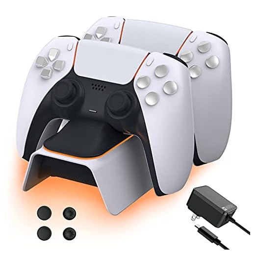 NexiGo PS5 Controller Charger with Thumb Grip Kit, Fast Charging AC Adapter, Dualsense Charging Station Dock for Dual Playstation 5 Controllers with LED Indicator, White