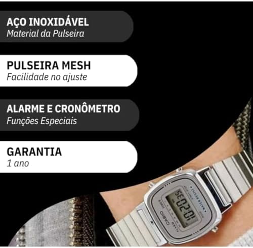 Relógio de Pulso Feminino Digital Vintage Prata Mini LA670WA-7DF
