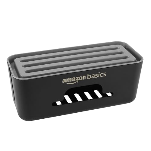 Image of Amazon Basics - Cable Management Box with Mobile Stand - Power Strip, Cords, Wires | Surge Protector Hiding Cover Organizer for Home, Office (Black)