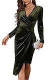 PRETTYGARDEN Women's Ruched Bodycon Velvet Dress Long Sleeve Wrap V Neck Side Asymmetrical Sexy Party Dress (Army Green, Large)