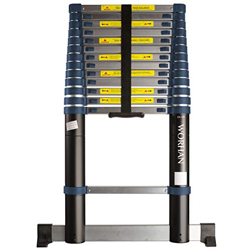 WORHAN® 4.1m Escalera Telescopica 410cm PRO Multiuso Multifuncional con Estabilizador Aluminio Anodizado Normativa EN131 1K4.1 Cover