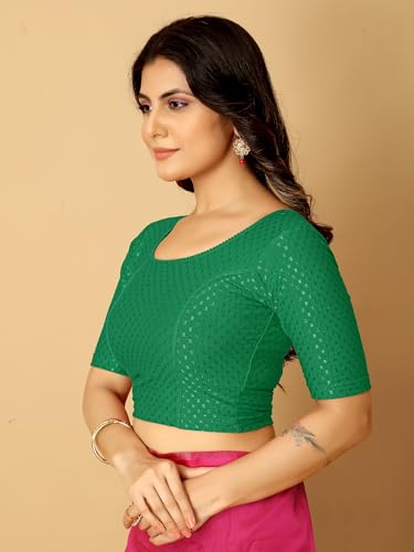 Image of Amazon Brand - Anarva Round Neck Dobby Cotton Lycra Stretchable Elbow Half Sleeve Readymade Saree Blouse for Women Stylish