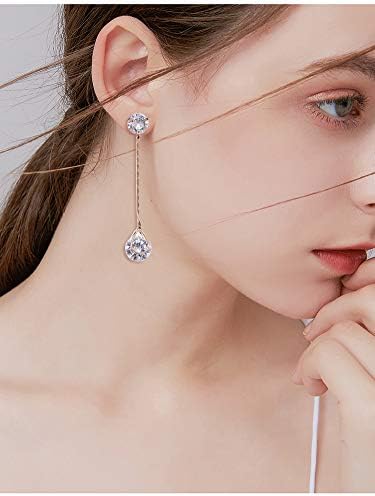 Vista 6 de Aretes lineales de circonita cúbica para mujer, aretes de cadena de plata de ley súper largos con circonita cúbica de cristal, aretes de hilo