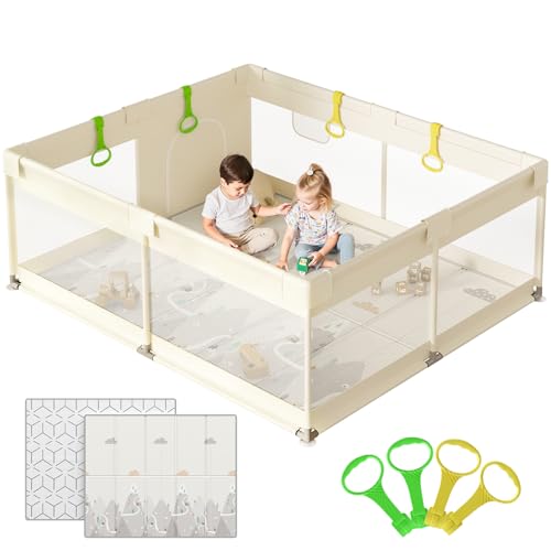 Cafolatt Parc Bebe avec Tapis - Parc Enfant 150×180cm avec Matelas, Parc bébé avec 4 Anneaux, Base Antidérapante et Porte à Zip(Beige)