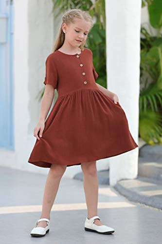 Gorlya Girl's Short Sleeve Button Up Pleated Waist Loose Casual Linen Midi Dress With Pockets For 4-12 Years Kids (Gor1007, 11-12Y, Brown Color) #TOP2