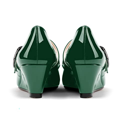 WAYDERNS Women's Adjustable Strap Patent Office Pointed Toe Mary Jane Solid Circle Buckle Wedge Low Heel Pumps Shoes 2 Inch4