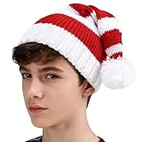 ToRhine Santa Hat for Kids Knitted Christmas Red White Striped Winter Pom Hats Xmas Knit Crochet Beanie Cap for Festive Party (Children 8-16 years old)
