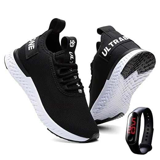 Tênis Feminino Ultrabone Leve e Confortável Academia + Relógio (37, Preto/Branco)