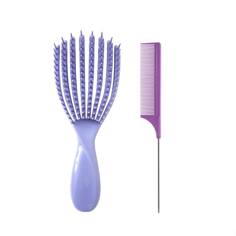 Sponsored Ad – 2-Pack Rat Tail Comb and Curling Brush for Wet and Dry Hair, Easily Comb Curls, Straight Hair, Reduce Breakage, Eliminates Knots,Painless Combing, Curling Brush for Men,Women (Purple)