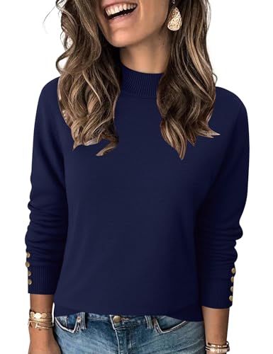 Qirno Women's Sweater Mock Neck Long Sleeve Sweaters Casual Lightweight Pullover Tops Royal Blue M
