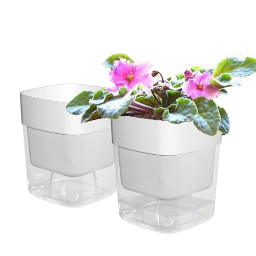Self Watering Pots for Indoor Plants, African Violet Pots Planters with Visible Reservoir, 4.5”W x 5.5”H White Plant Pot with Wick Rope Planter Pot for Tropical Plants