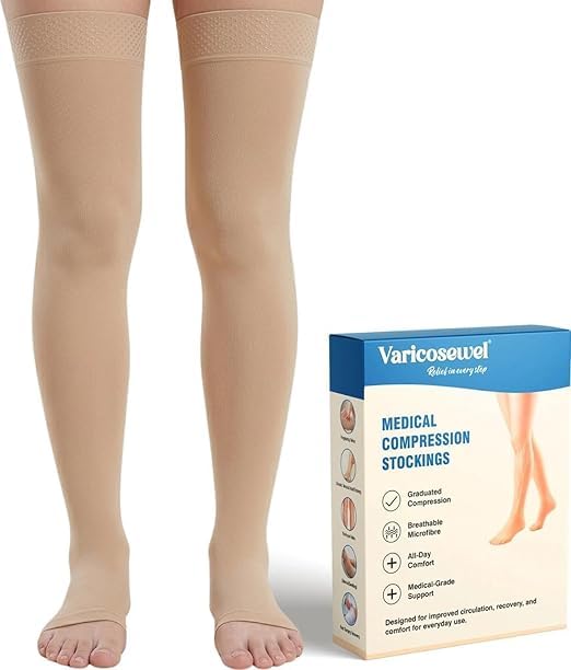 varicosewel medical compression stockings for varicose veins class 2 23-32 mm hg for men & women mid thigh length open toe beige color || varicose veins stockings || compression socks