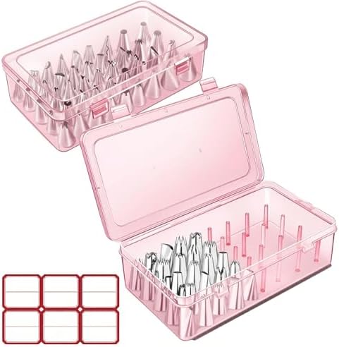 84-Tip Piping Tip Storage Box, 2-Piece Cake Decorating Tool Organizer with Locking Pin System, Includes Label Sheets (Pink) image 4
