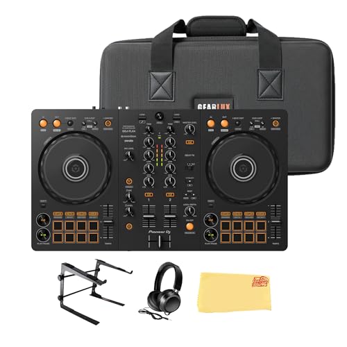 Pioneer DJ DDJ-FLX4 2-Channel DJ Controller - Black Bundle with Laptop Stand, Headphones, and Austin Bazaar Polishing Cloth