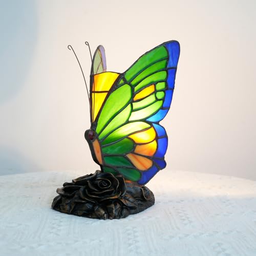 Lampe de chevet Style Tiffany Papillon Bleu Vert Lampe de chevet Petite lampe en verre teinté pour la maison et le bureau