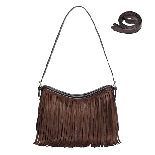 Fringe Shoulder Bag for Women Underarm Suede Western Hobo Purses and Handbags Trendy Crossbody Purse with Tassel (Coffee)