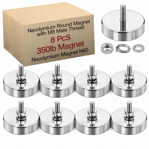 Image of Flutesan 8 Pieces Heavy Duty Round Mounting Magnet with Bolt 2.36in-350lb-M8 Silver with Male Thread Stud Strong Magnet Powerful for Lighting Camera Brackets License Plate Outdoor