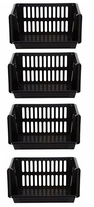 Large 4 Tier Stacking Baskets Storage Veg Rack Plastic Stackers 35 cm Kitchen Fruit Stand Shelf (Black)