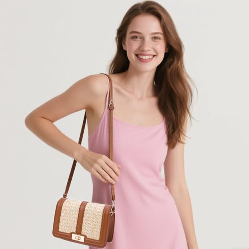 Image of FALETO Straw Crossbody Bags for Women Summer Leather Stitching Straw Flap Bag Handbag Shoulder Clutch Purse