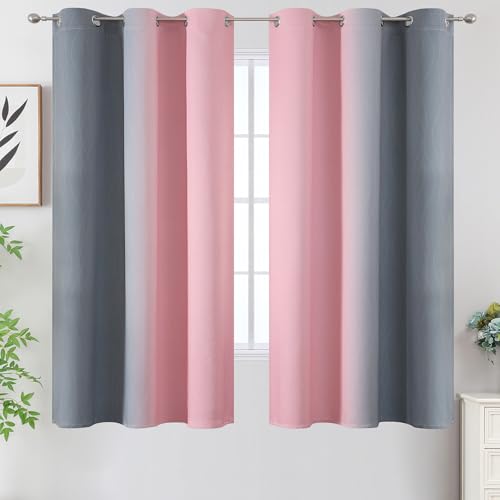 Estelar Textiler Ombre Gray and Pink Blackout Curtains 63 Inch Length 2 Panels, Full Light Blocking Curtains for Kids Room, Grommet Thermal Insulated Gradient Drapes for Girl's Room, 42x63 Inch