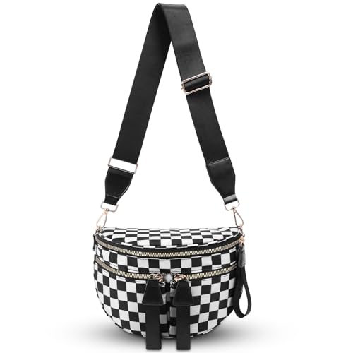 Image of hibear Checkered Crossbody Bag Spacious Bum Bags for Women Nylon Crossbody Fanny Packs Checkered Purse Belt Wallet (W-Black)