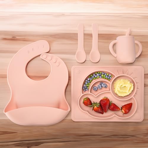 Image of Childlike Behavior Baby Tableware - Set of 5 - Baby Plate Sets - Feeding Set for 6 month old - Silicone Baby Food Set and Toddler Weaning Supplies - Food Grade Silicone BPA Free -Pastel Pink