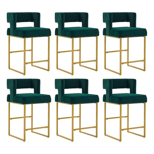 Image of 26 inch H Velvet Bar Stools Set of 6, Counter Height Bar Seats with Square Back, Modern Upholstered Armless Barstools with Metal Gold Legs for Kitchen Island Dining Room Bar, Green