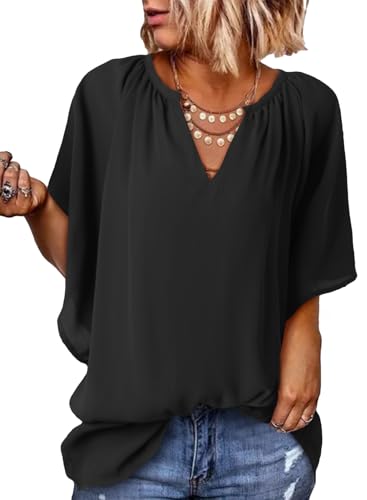 Dokotoo Womens Summer Tops V Neck Short Sleeve Shirts Women Blouses Business Casual Outfits